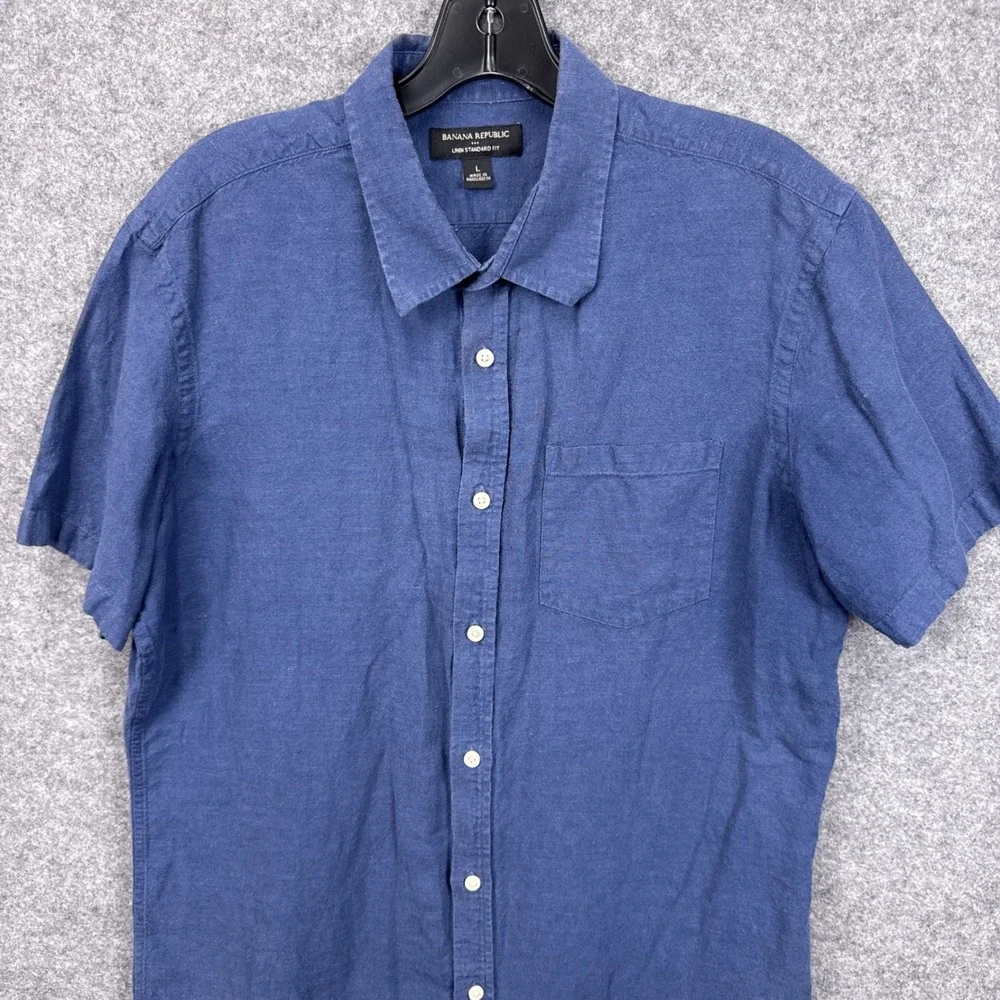 Banana Republic Mens Blue Linen Cotton Short Sleeve Button Down Shirt Large